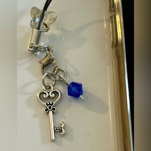 Tiny Heart Shaped Skeleton Key with Blue Crystal and Butterfly Phone Charm